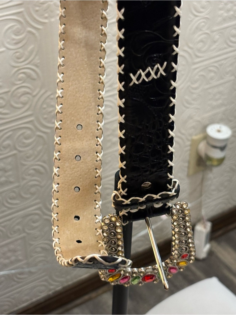 Women's Black & Beige Rhinestone Buckle Leather Belt